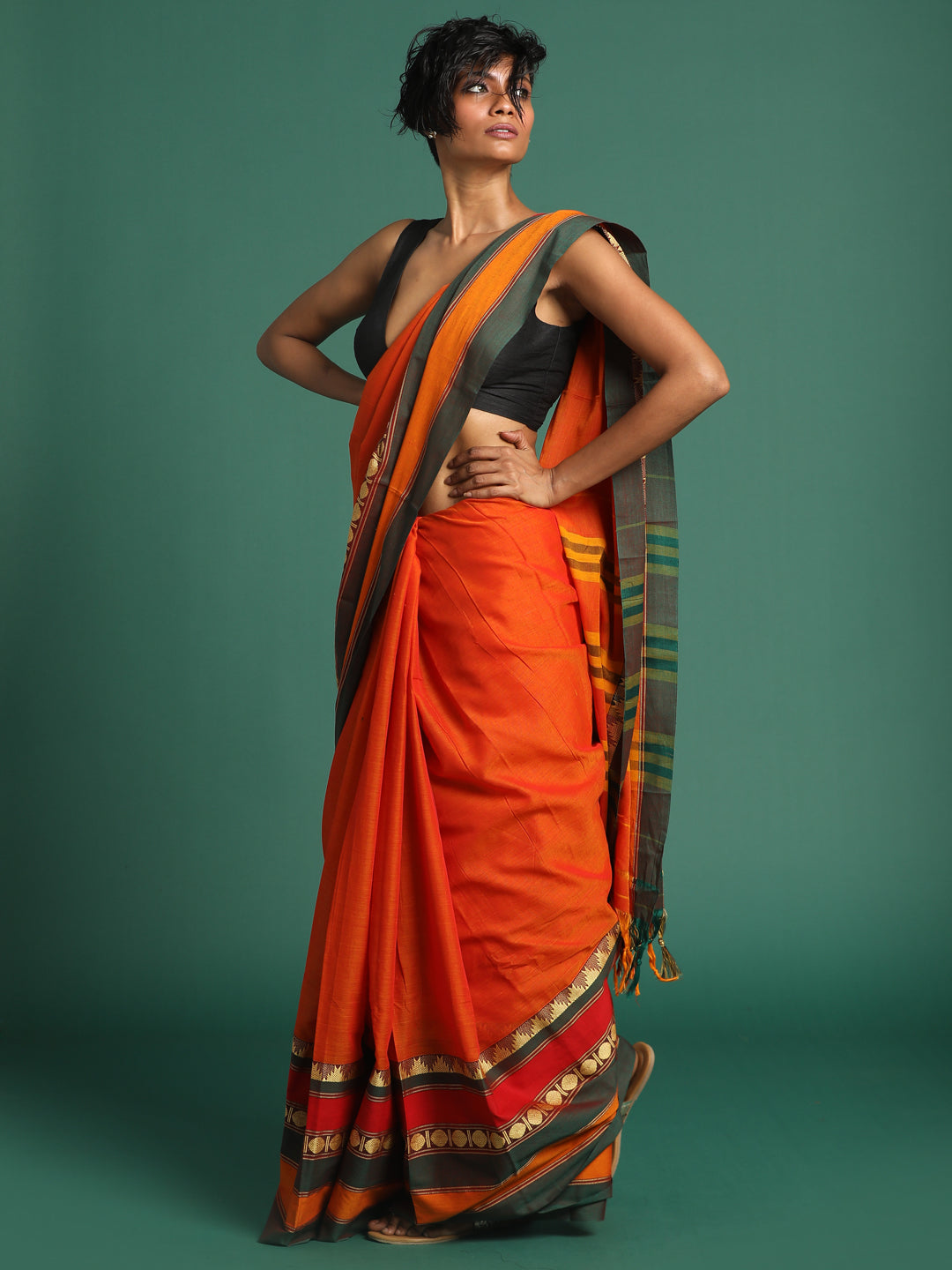 Indethnic Orange Solid Saree - View 3