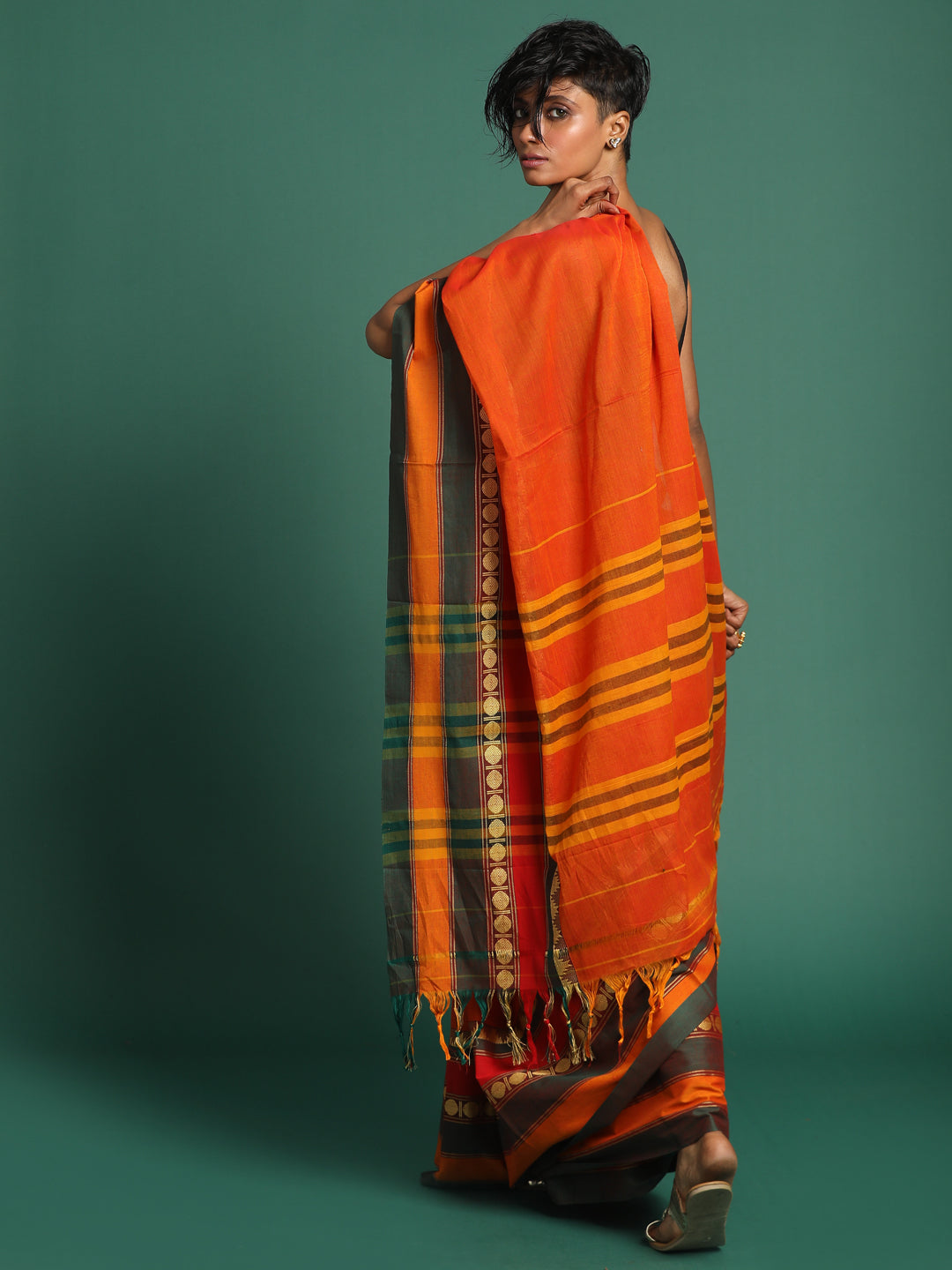 Indethnic Orange Solid Saree - View 3