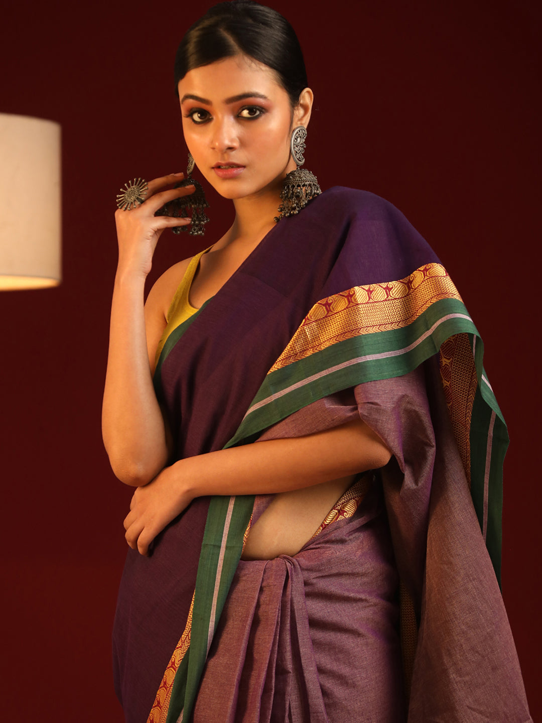 Indethnic Purple Solid Saree - View 1