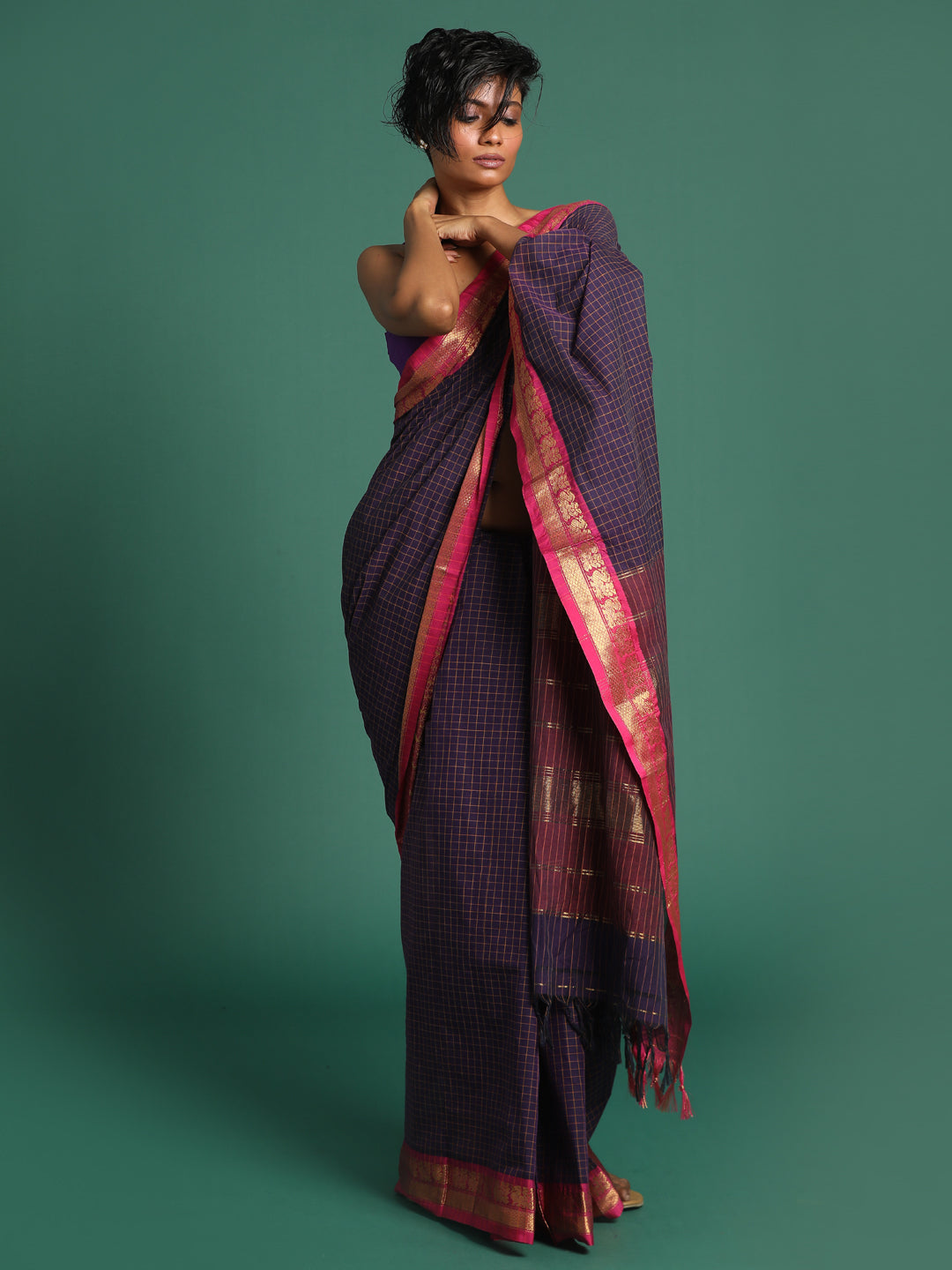 Indethnic Purple Checked Saree - View 3