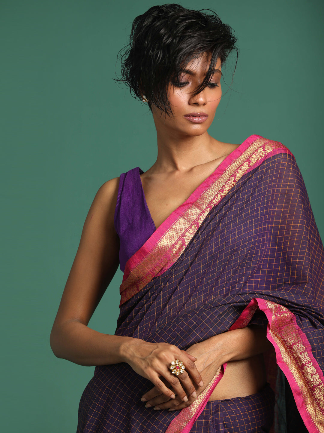 Indethnic Purple Checked Saree - View 1