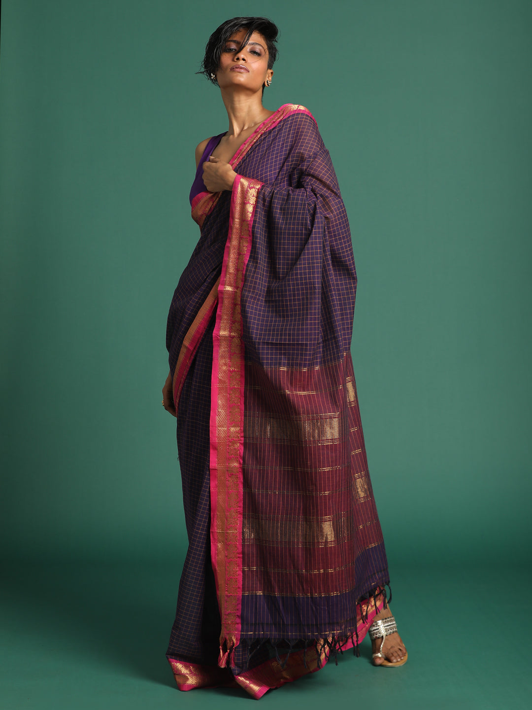 Indethnic Purple Checked Saree - View 2