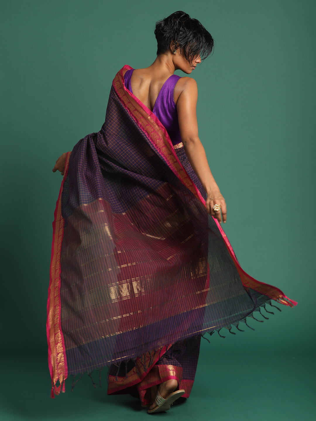 Indethnic Purple Checked Saree - View 3