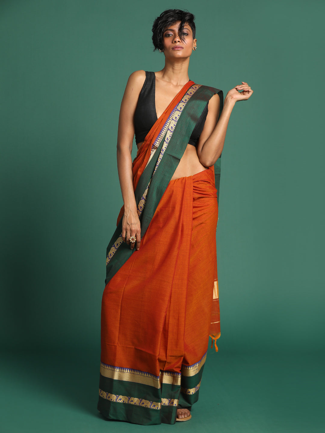 Indethnic Rust Solid Saree - View 2