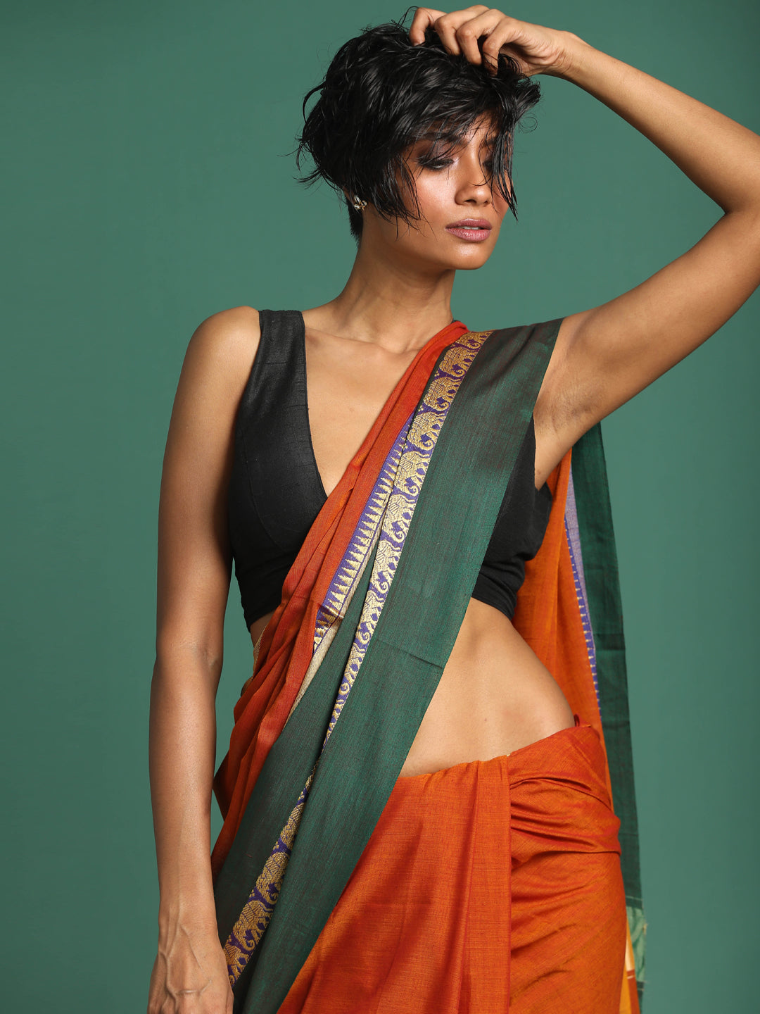 Indethnic Rust Solid Saree - View 1