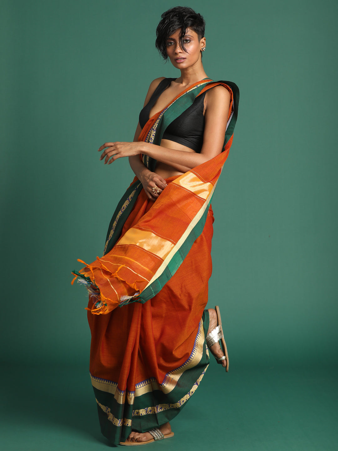 Indethnic Rust Solid Saree - View 3