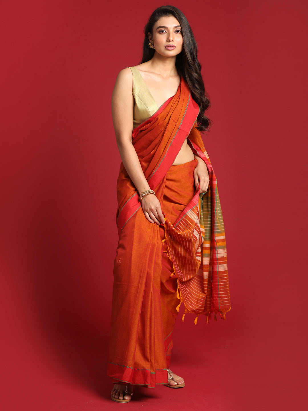 Indethnic Rust Solid Saree - View 2