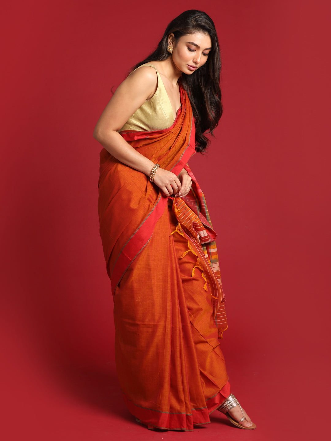 Indethnic Rust Solid Saree - View 3