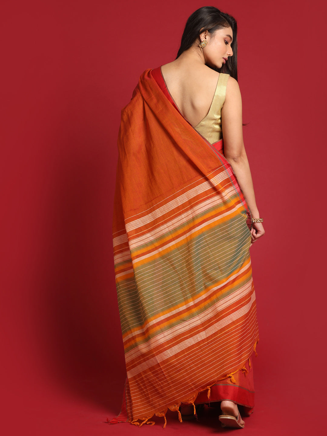 Indethnic Rust Solid Saree - View 3