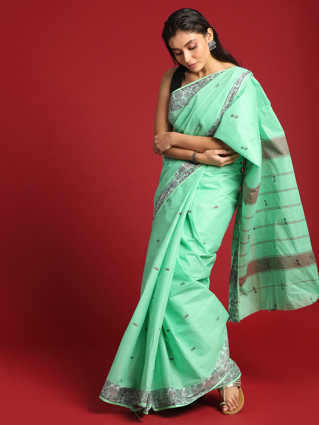 Indethnic Sea Green Woven Design Saree - View 3