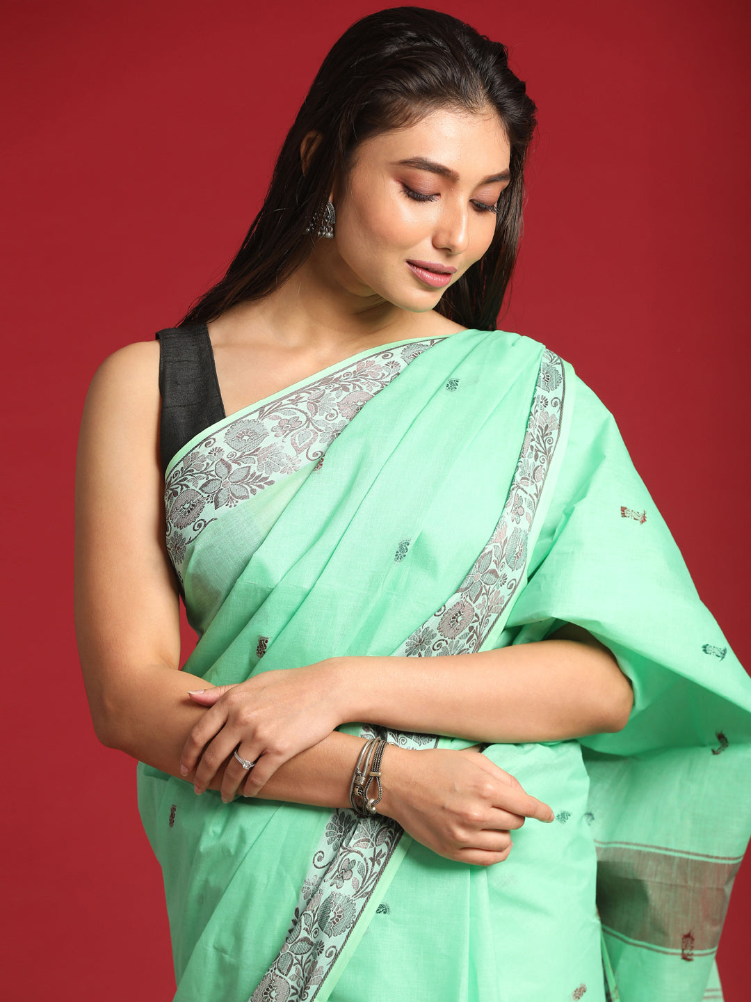 Indethnic Sea Green Woven Design Saree - View 1