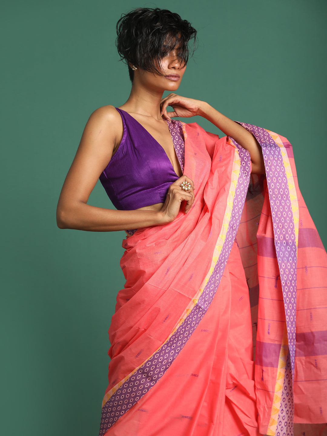 Indethnic Pink Woven Design Saree - View 1