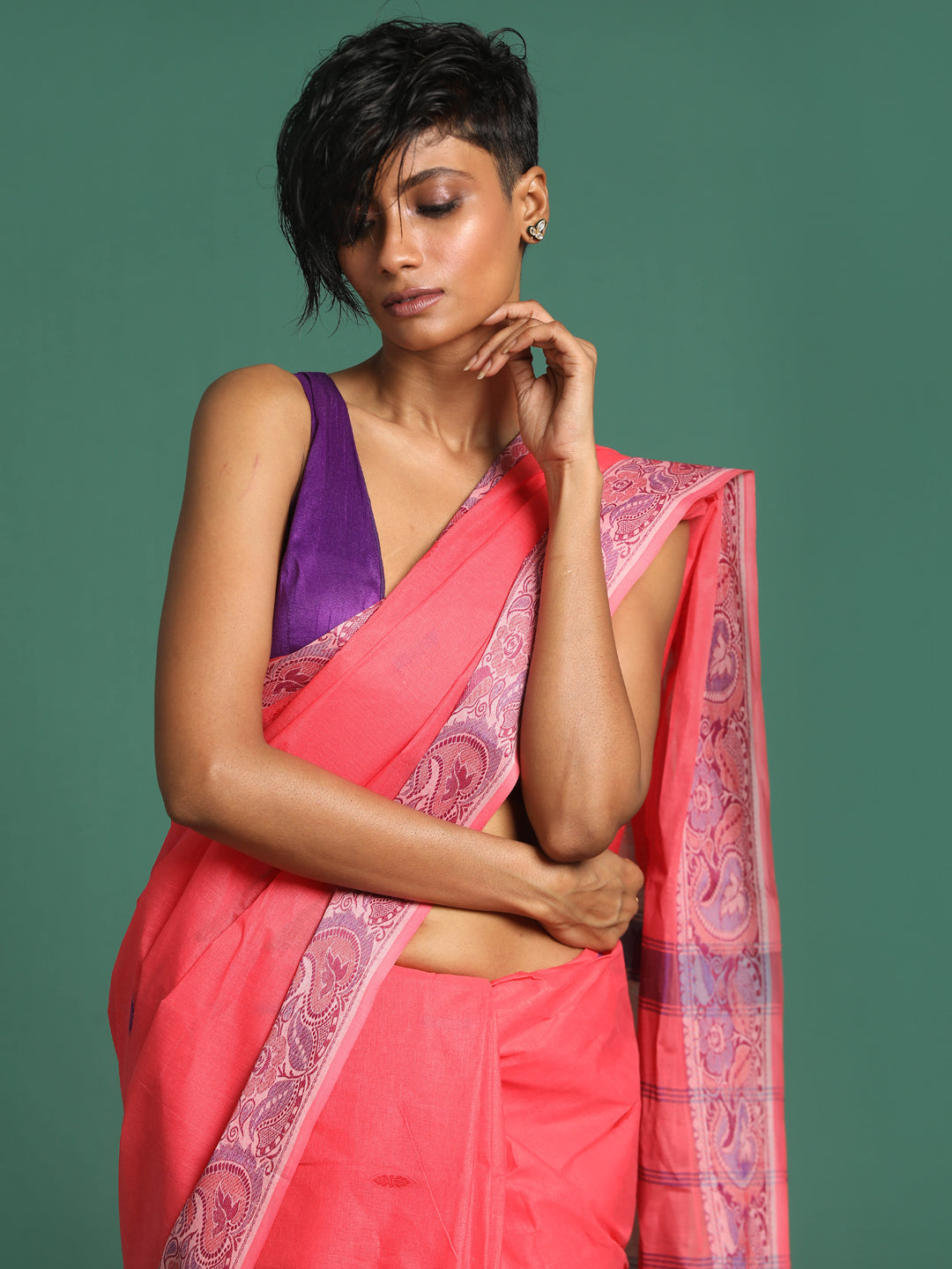 Indethnic Pink Woven Design Saree - View 1