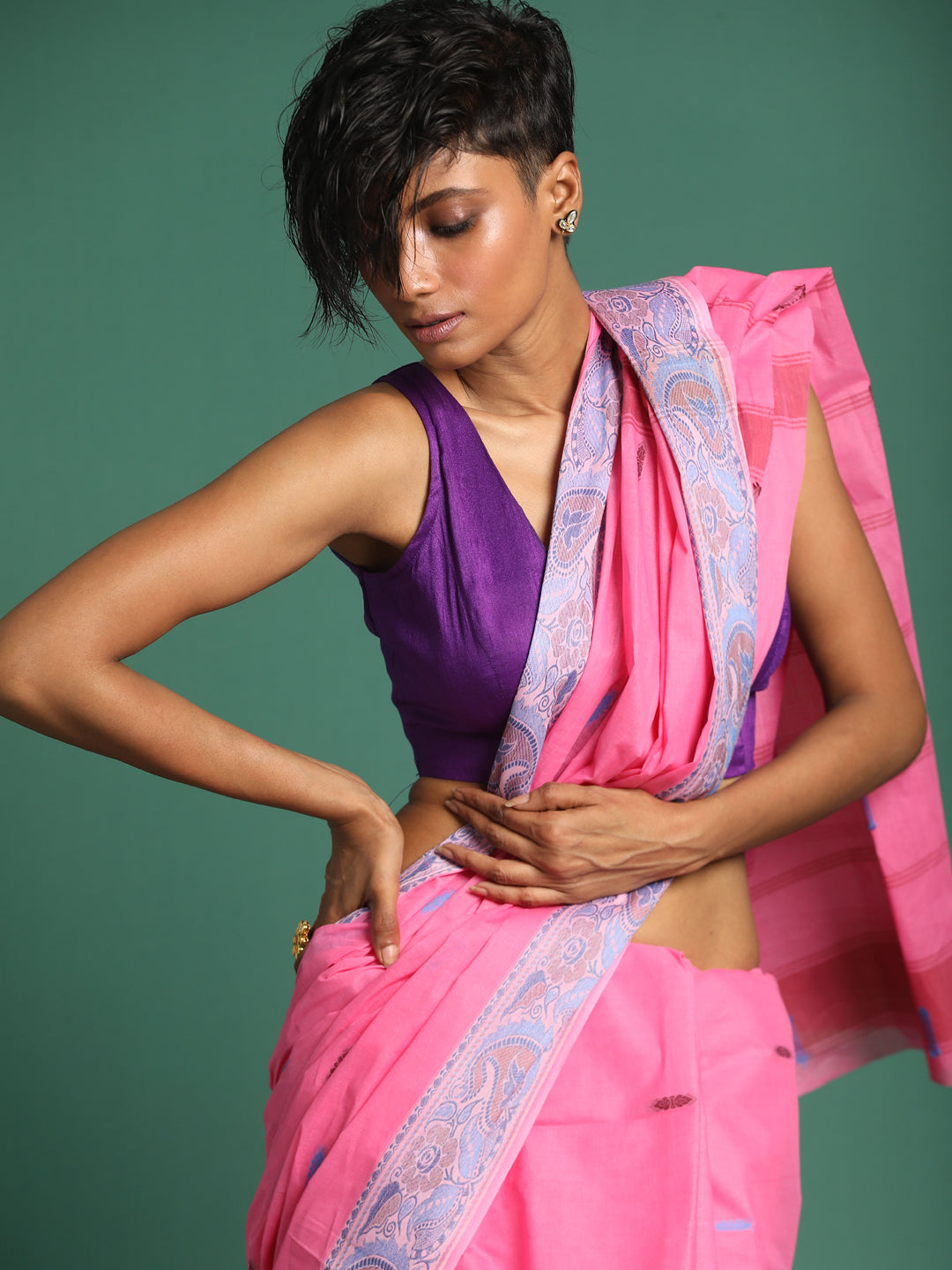 Indethnic Pink Woven Design Saree - View 1
