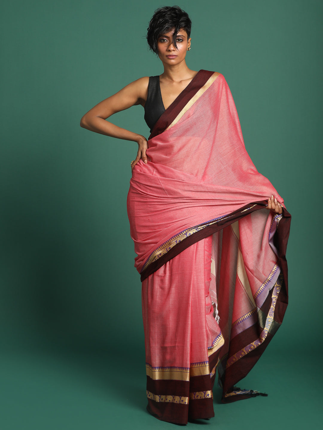 Indethnic Pink Solid Saree - View 3