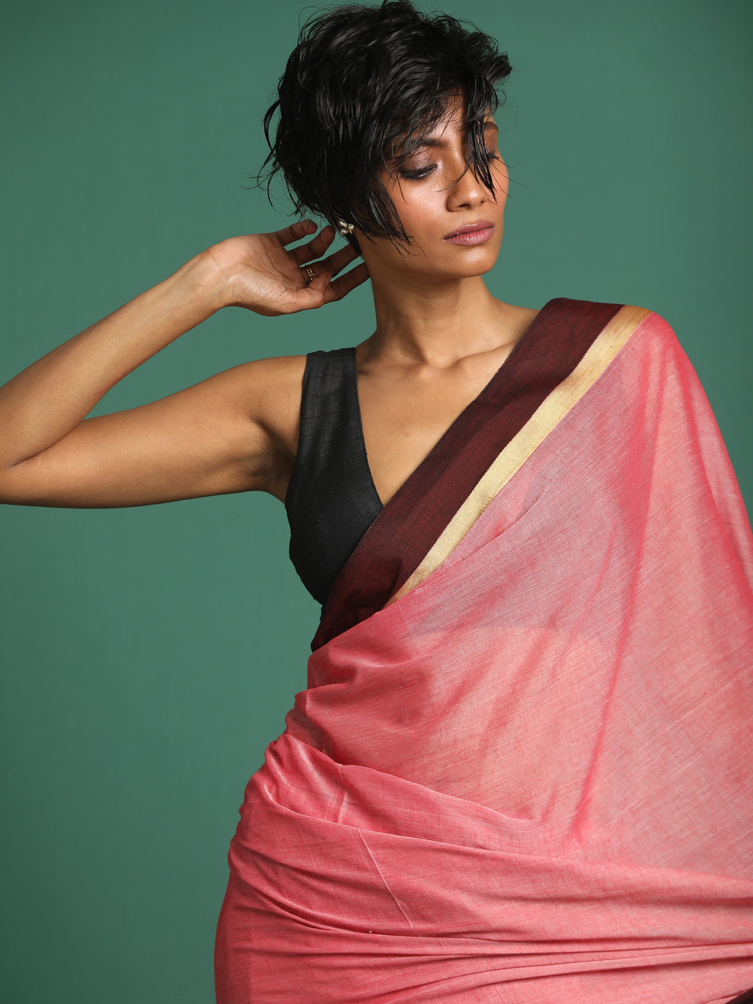 Indethnic Pink Solid Saree - View 1