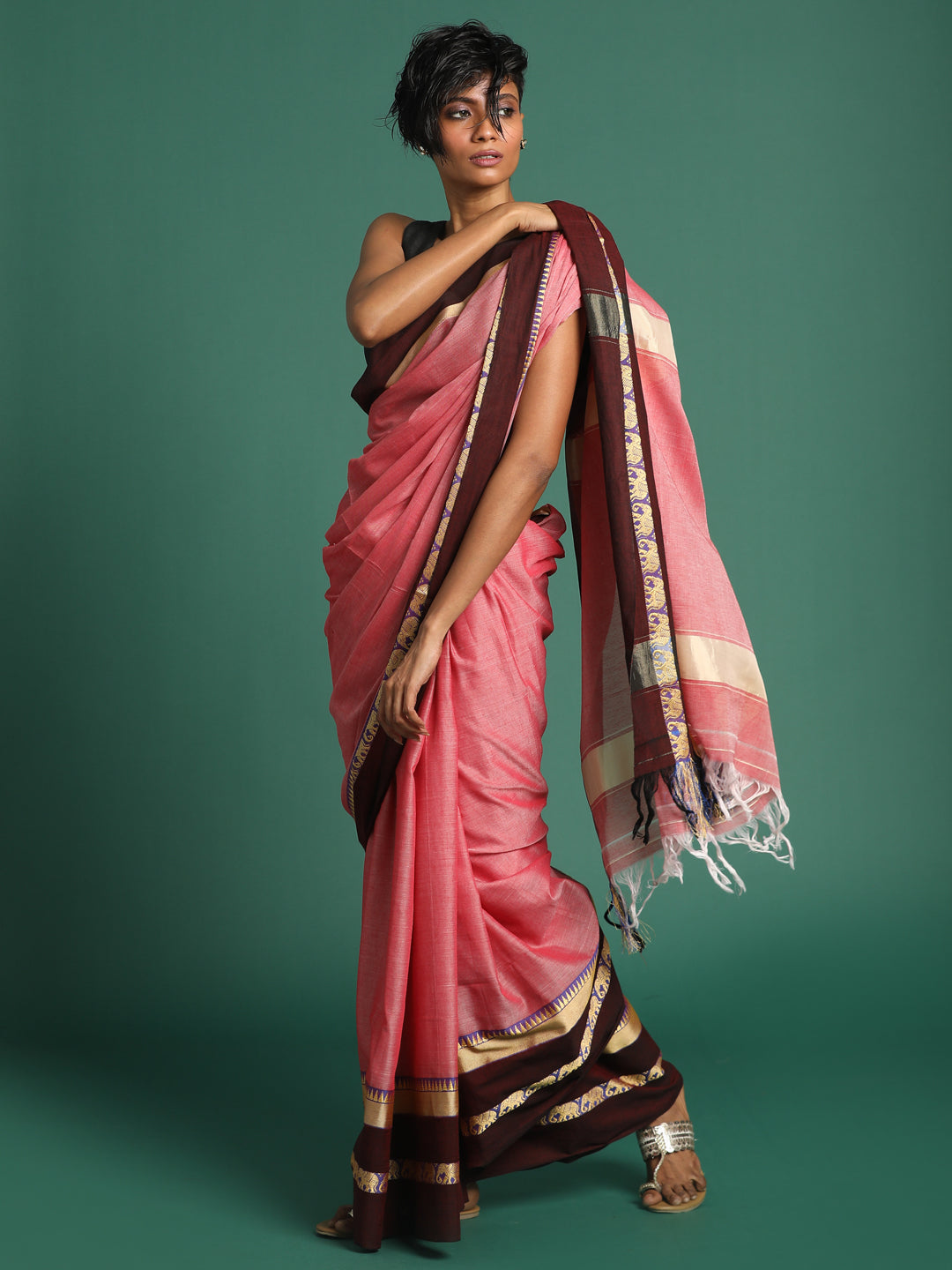 Indethnic Pink Solid Saree - View 2