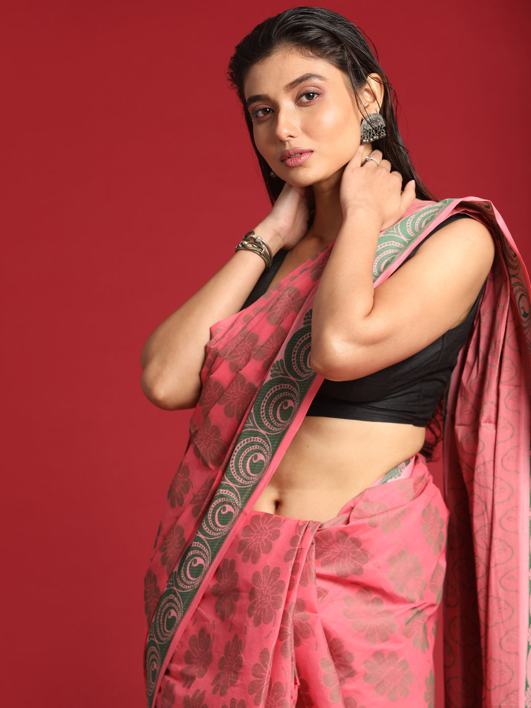 Indethnic Pink Woven Design Saree - View 1