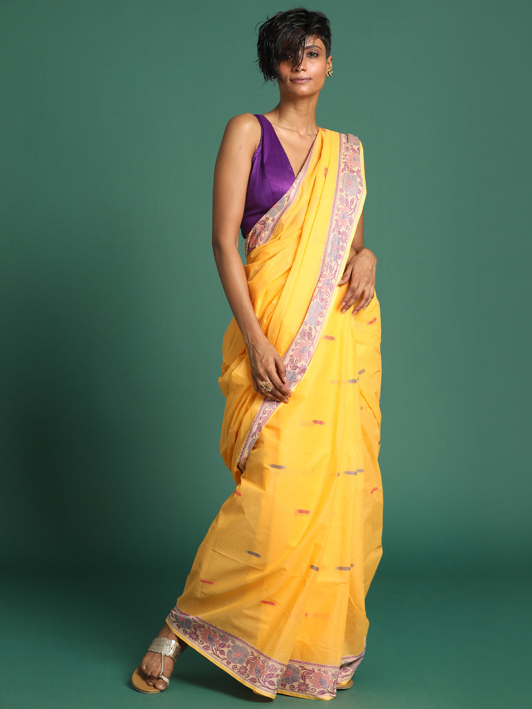 Indethnic Yellow Woven Design Saree - View 1