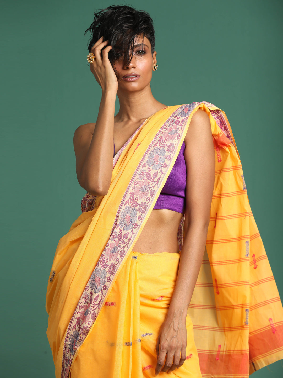 Indethnic Yellow Woven Design Saree - View 1