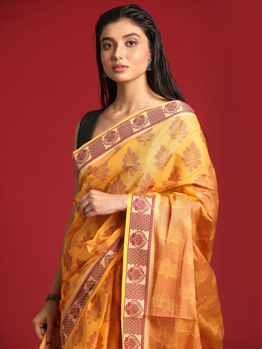 Indethnic Yellow Woven Design Saree - View 1