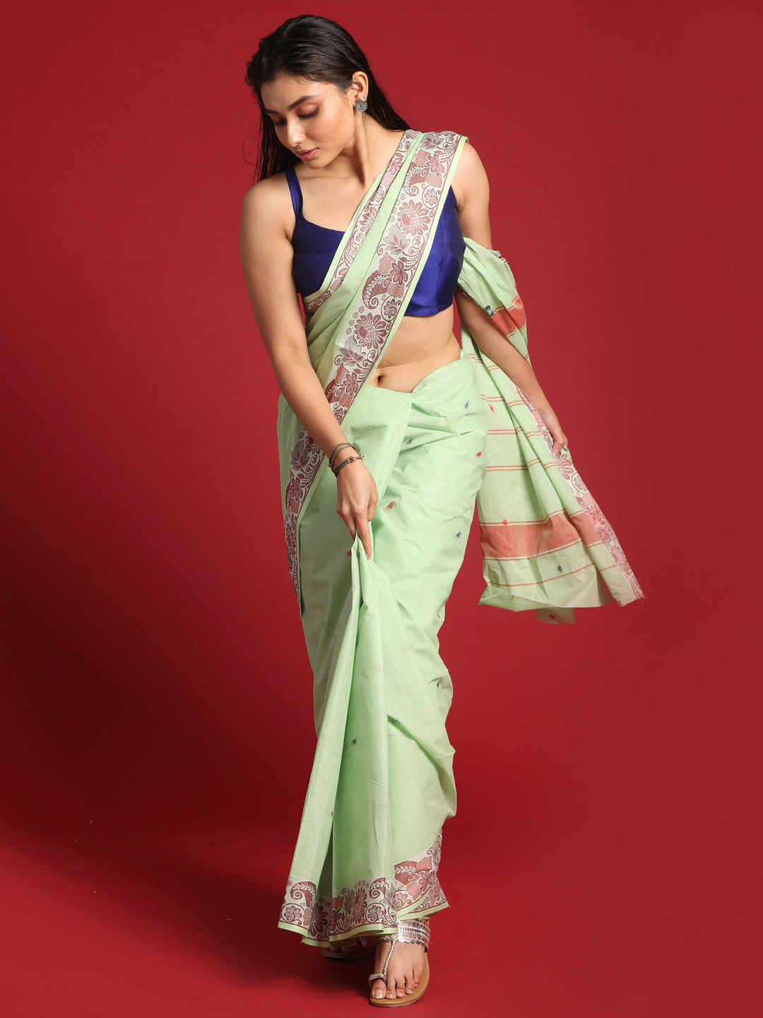 Indethnic Pista Woven Design Saree - View 3