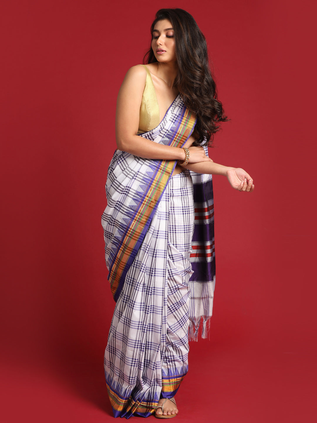 Indethnic White Checked Saree - View 2