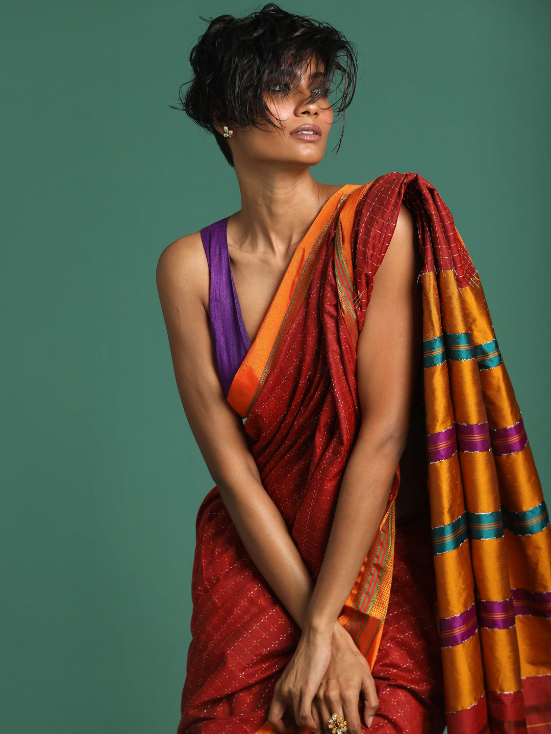 Indethnic Red Woven Design Saree - View 1