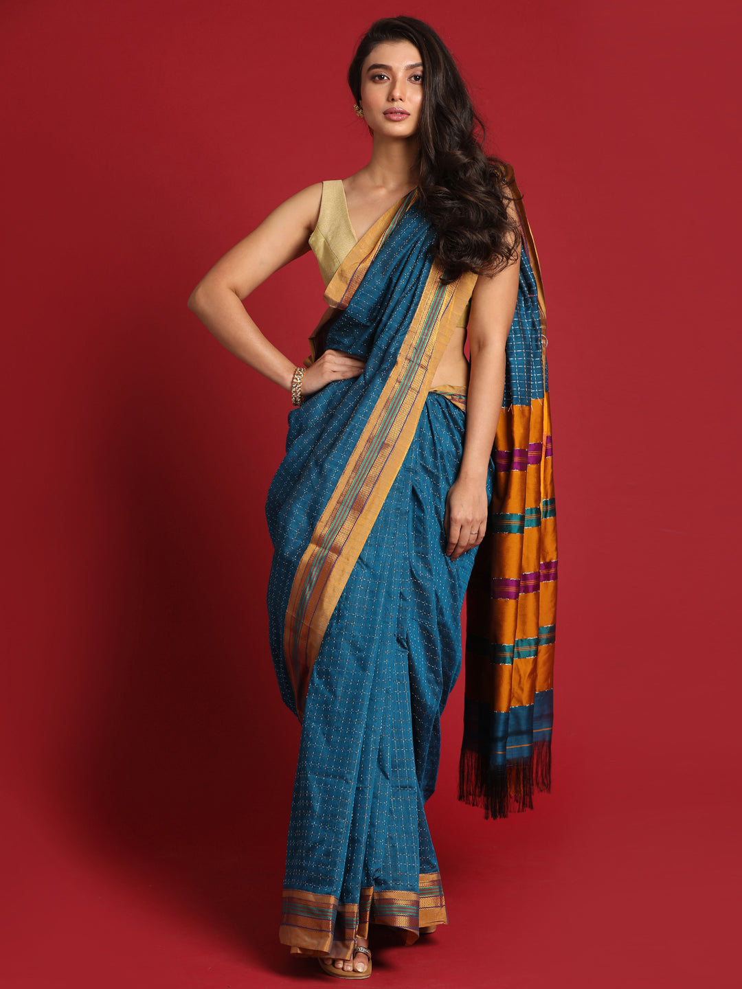 Indethnic Blue Woven Design Saree - View 2