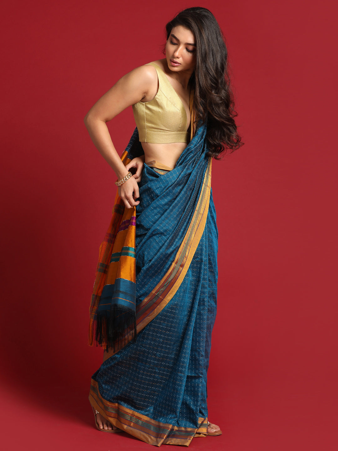 Indethnic Blue Woven Design Saree - View 3