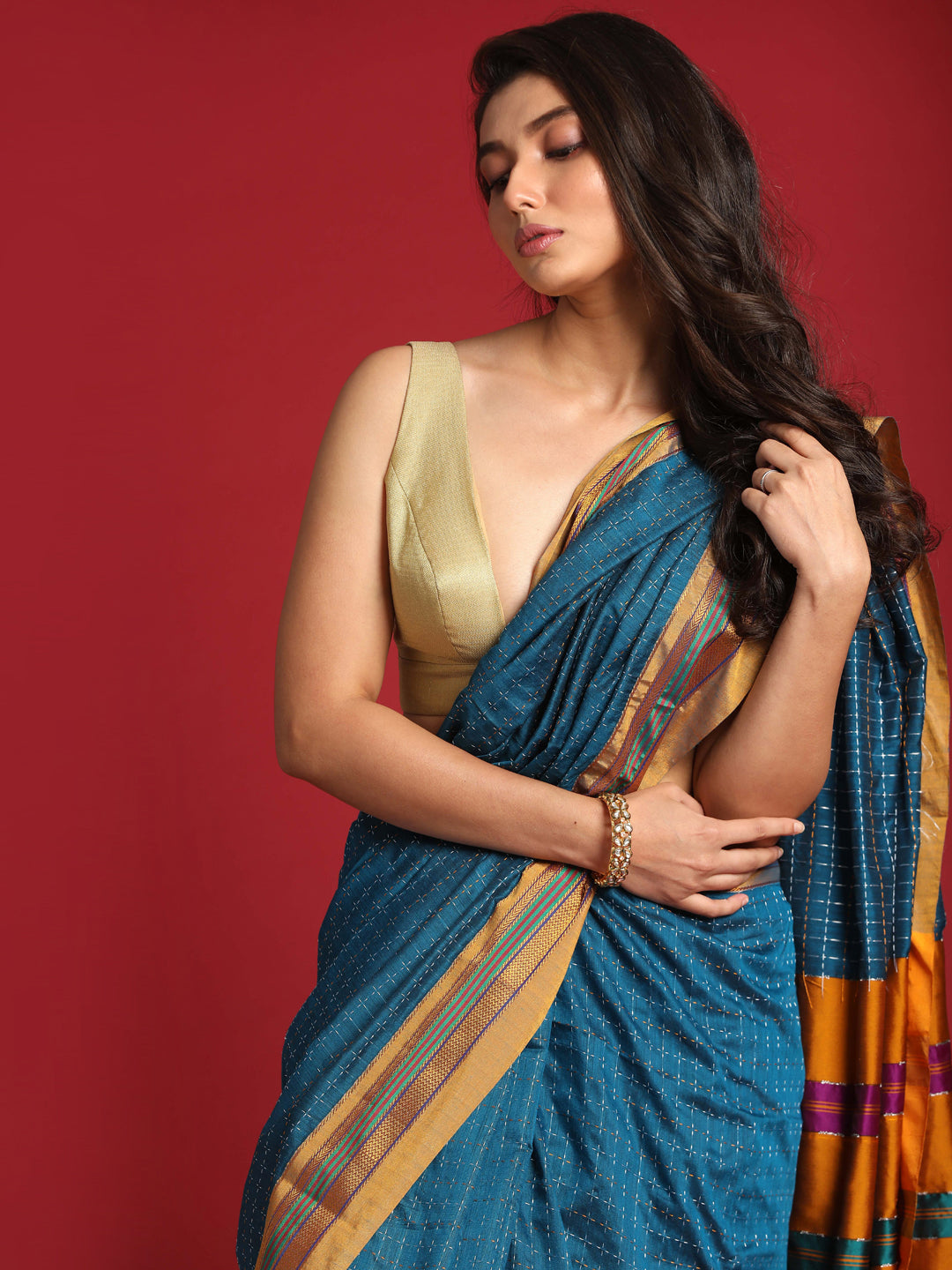 Indethnic Blue Woven Design Saree - View 1