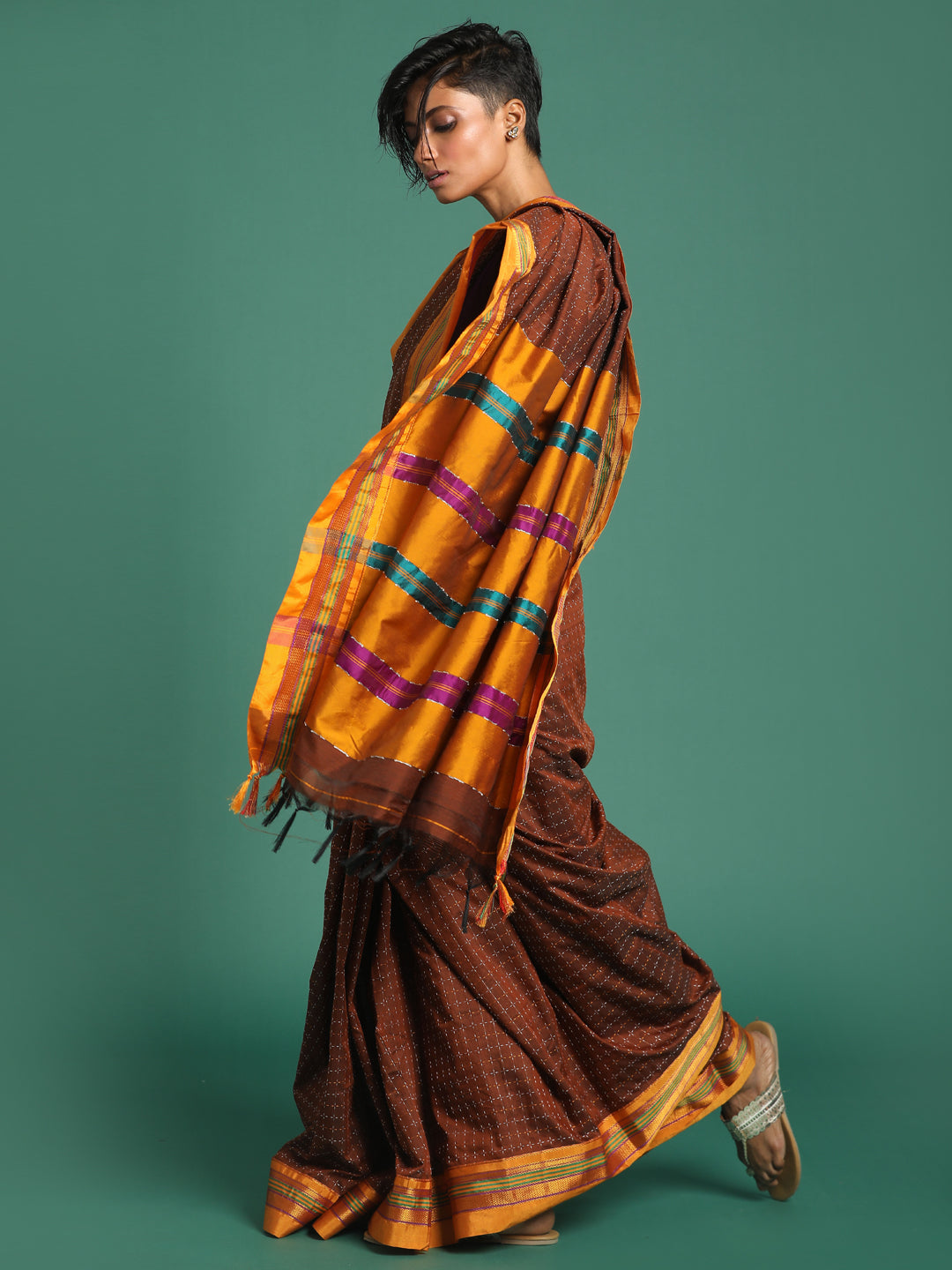 Indethnic Brown Woven Design Saree - View 3