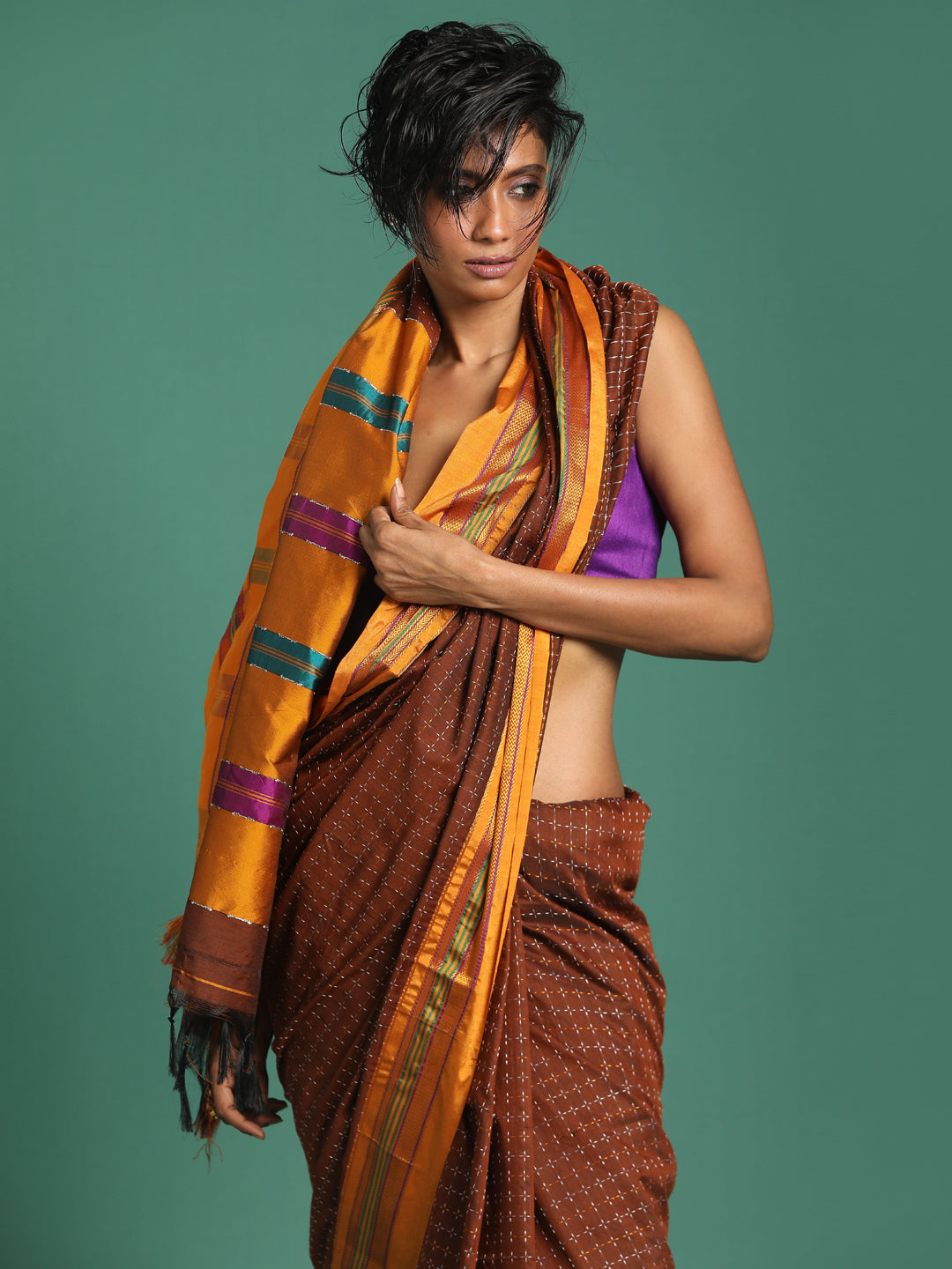 Indethnic Brown Woven Design Saree - View 1