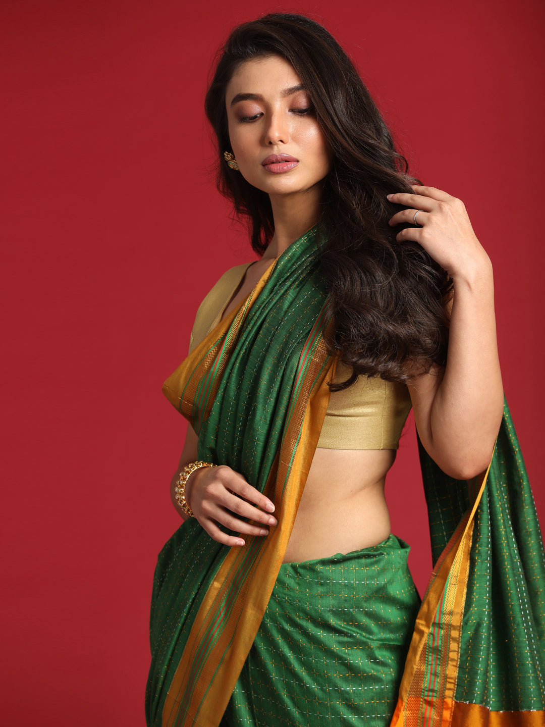 Indethnic Green Woven Design Saree - View 1