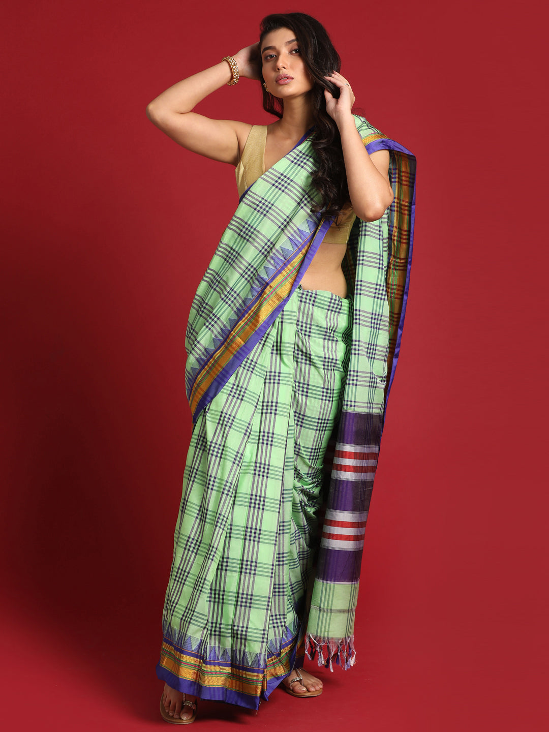 Indethnic Green Checked Saree - View 2