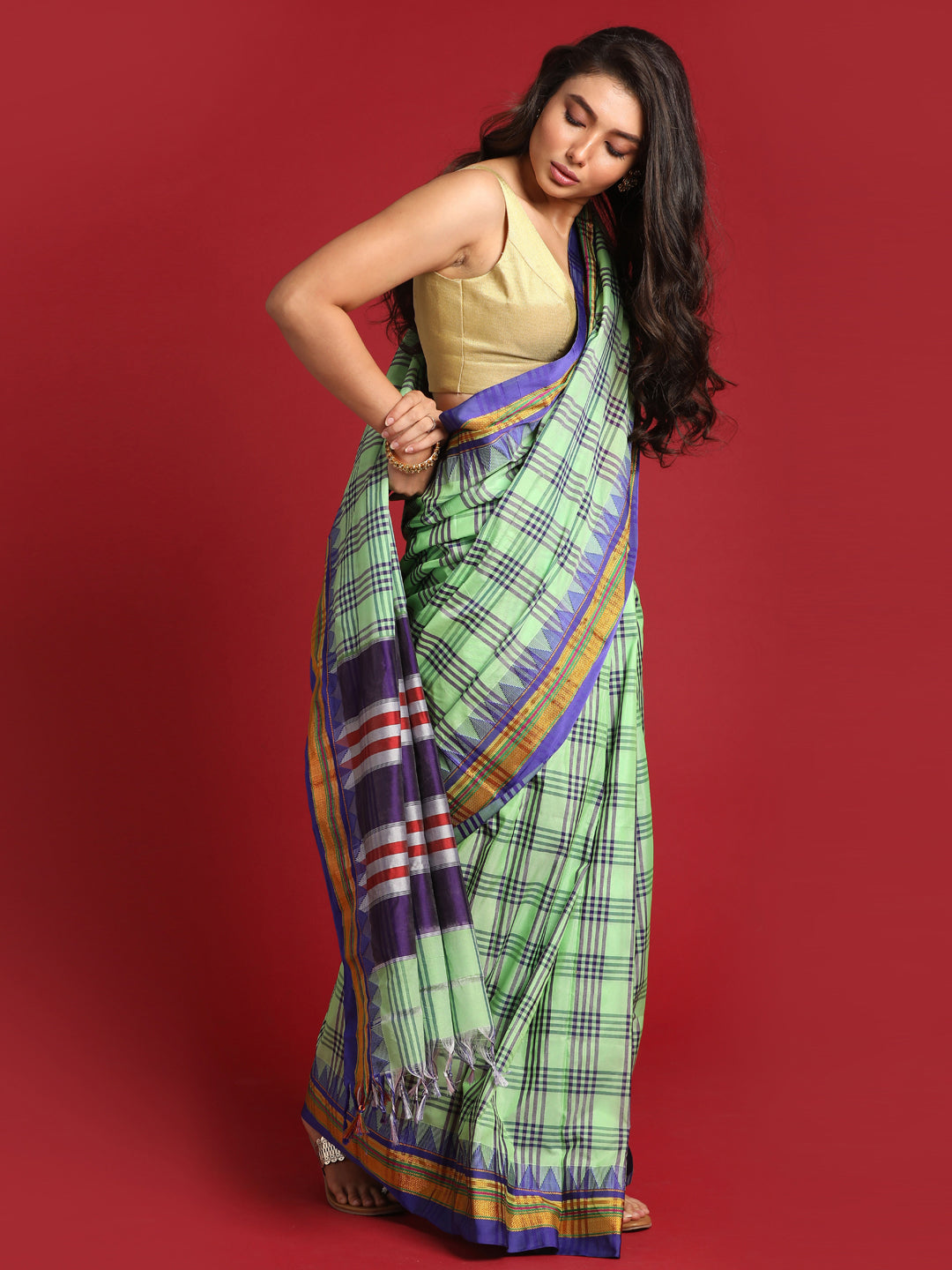 Indethnic Green Checked Saree - View 3