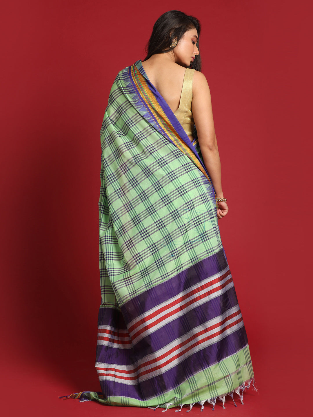 Indethnic Green Checked Saree - View 3