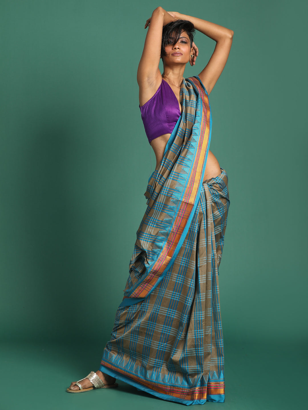 Indethnic Grey Checked Saree - View 2