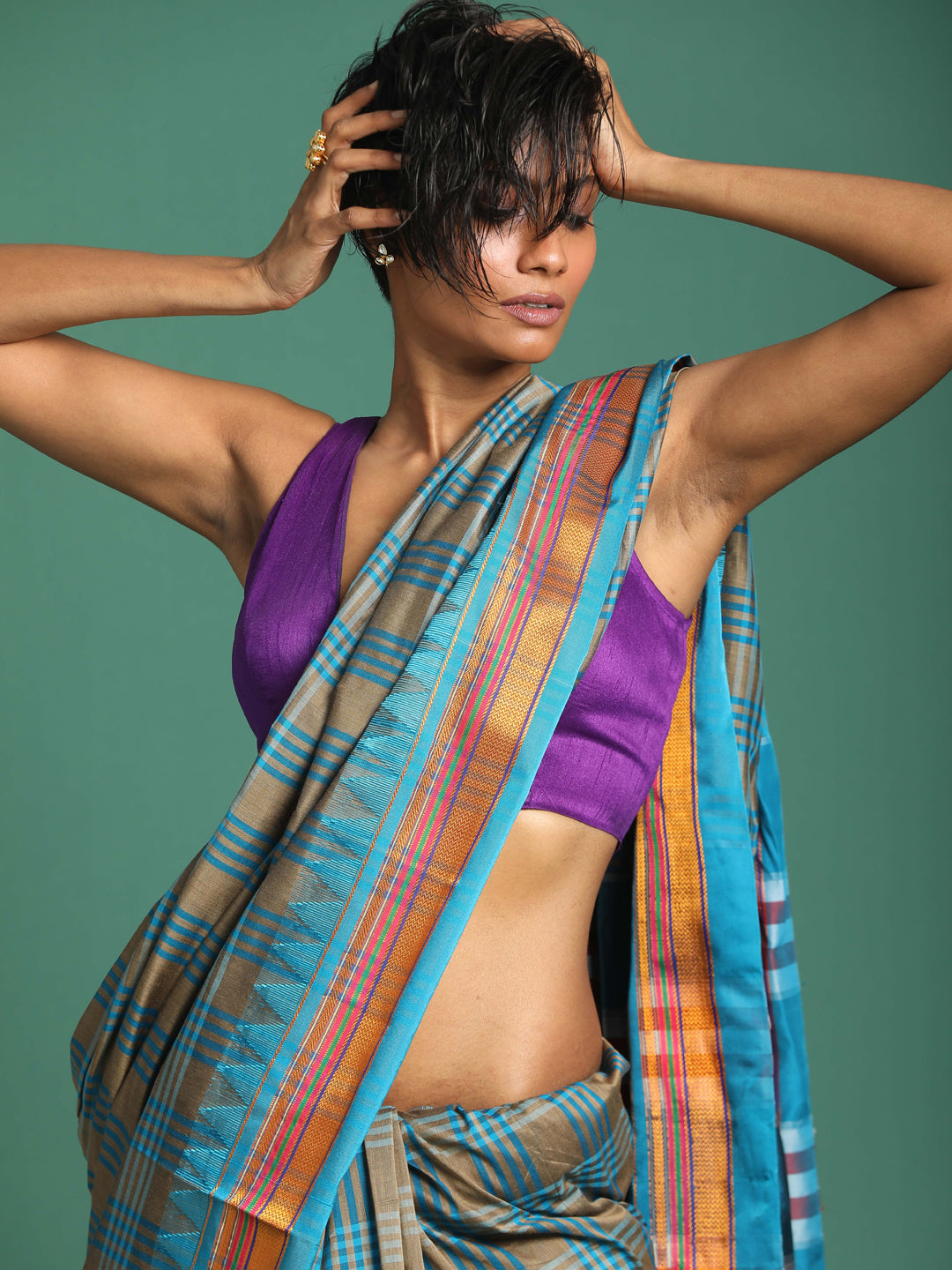 Indethnic Grey Checked Saree - View 1