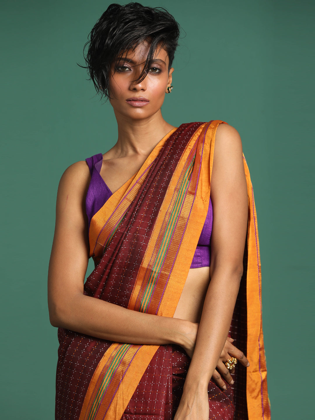 Indethnic Maroon Woven Design Saree - View 1