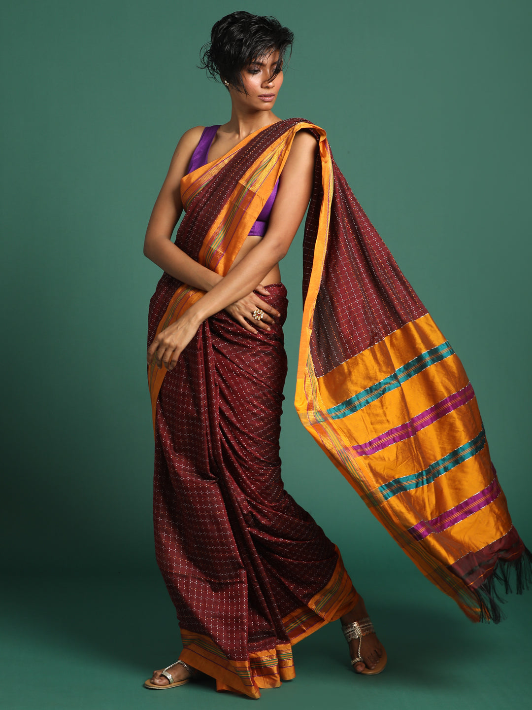 Indethnic Maroon Woven Design Saree - View 3