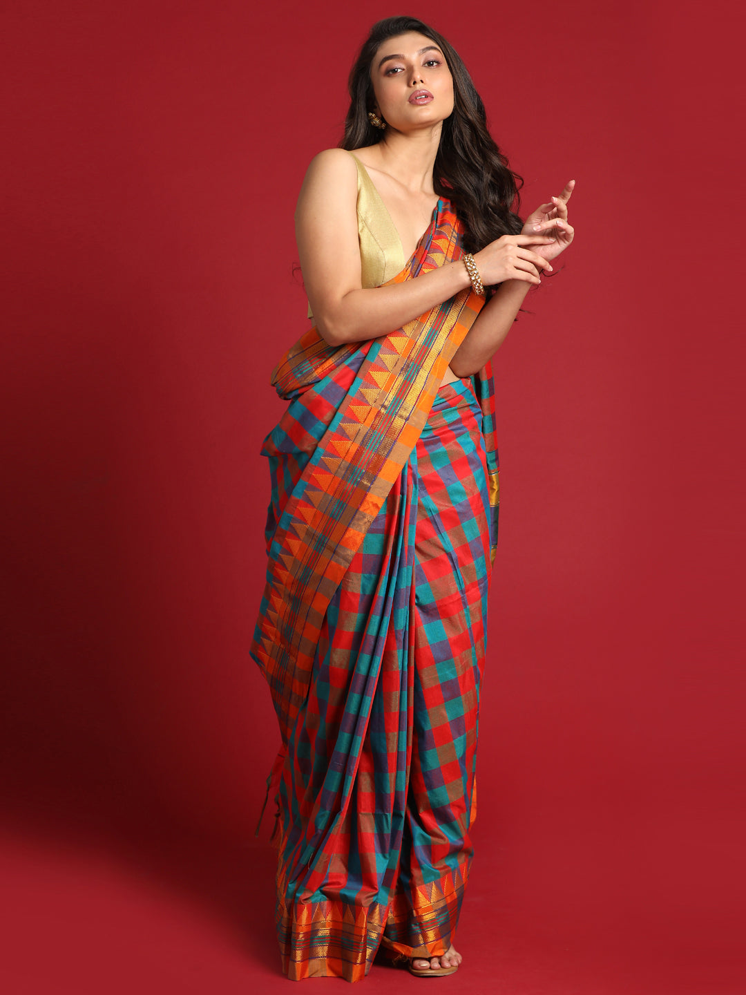 Indethnic Multi Checked Saree - View 2