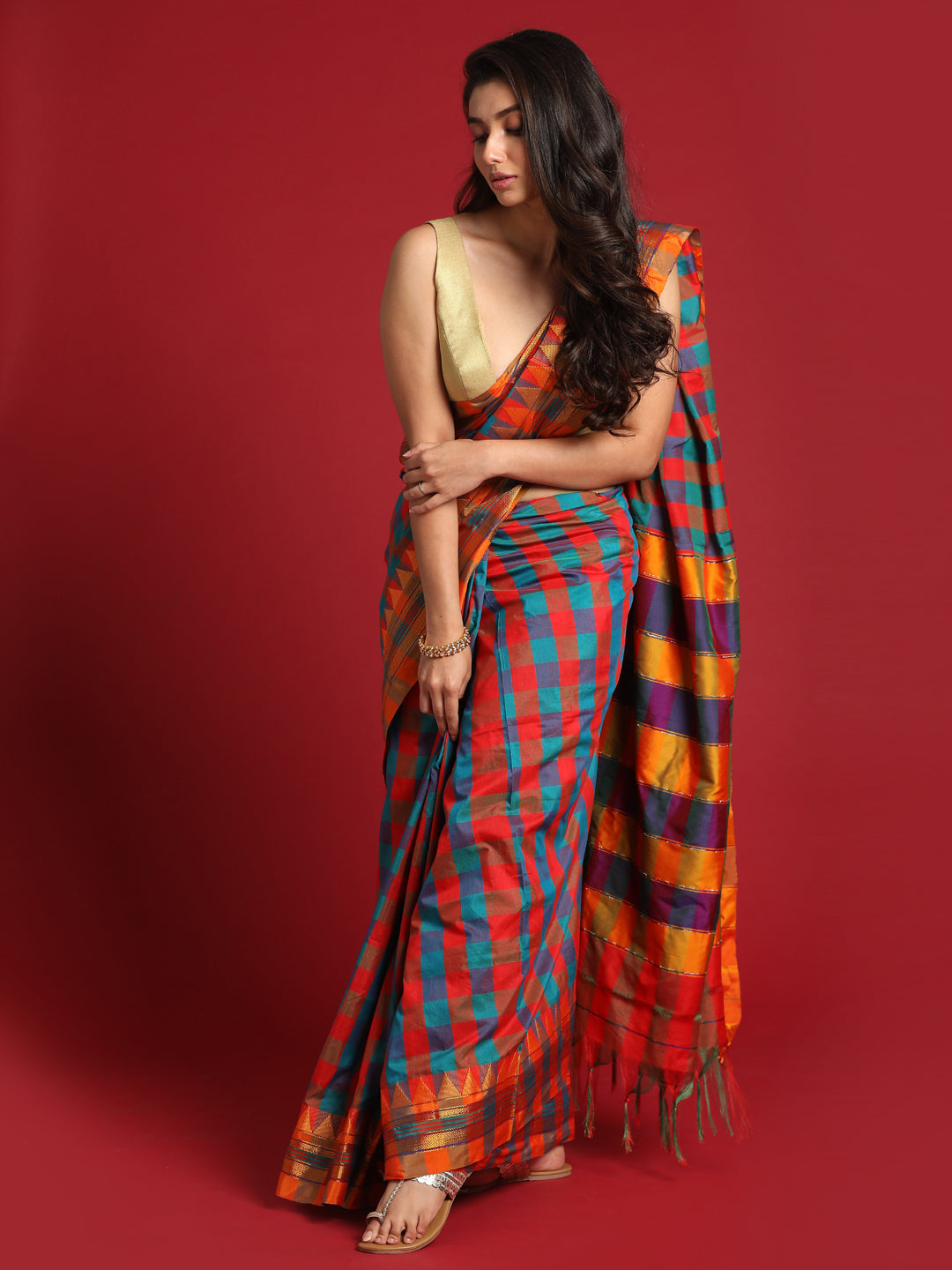 Indethnic Multi Checked Saree - View 3