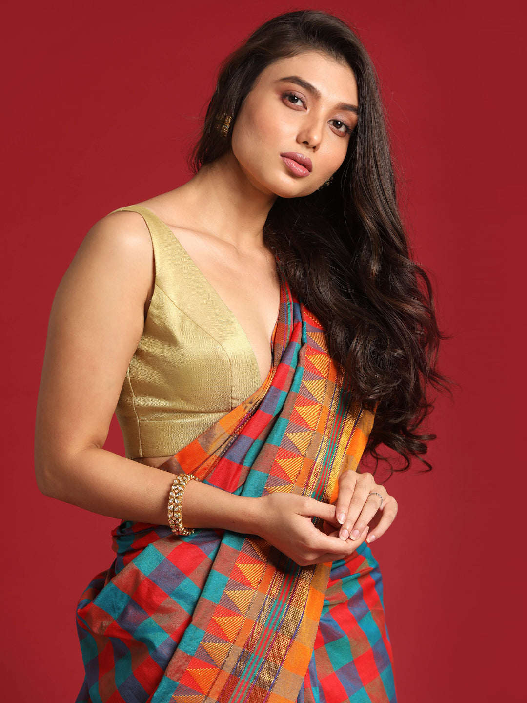 Indethnic Multi Checked Saree - View 1