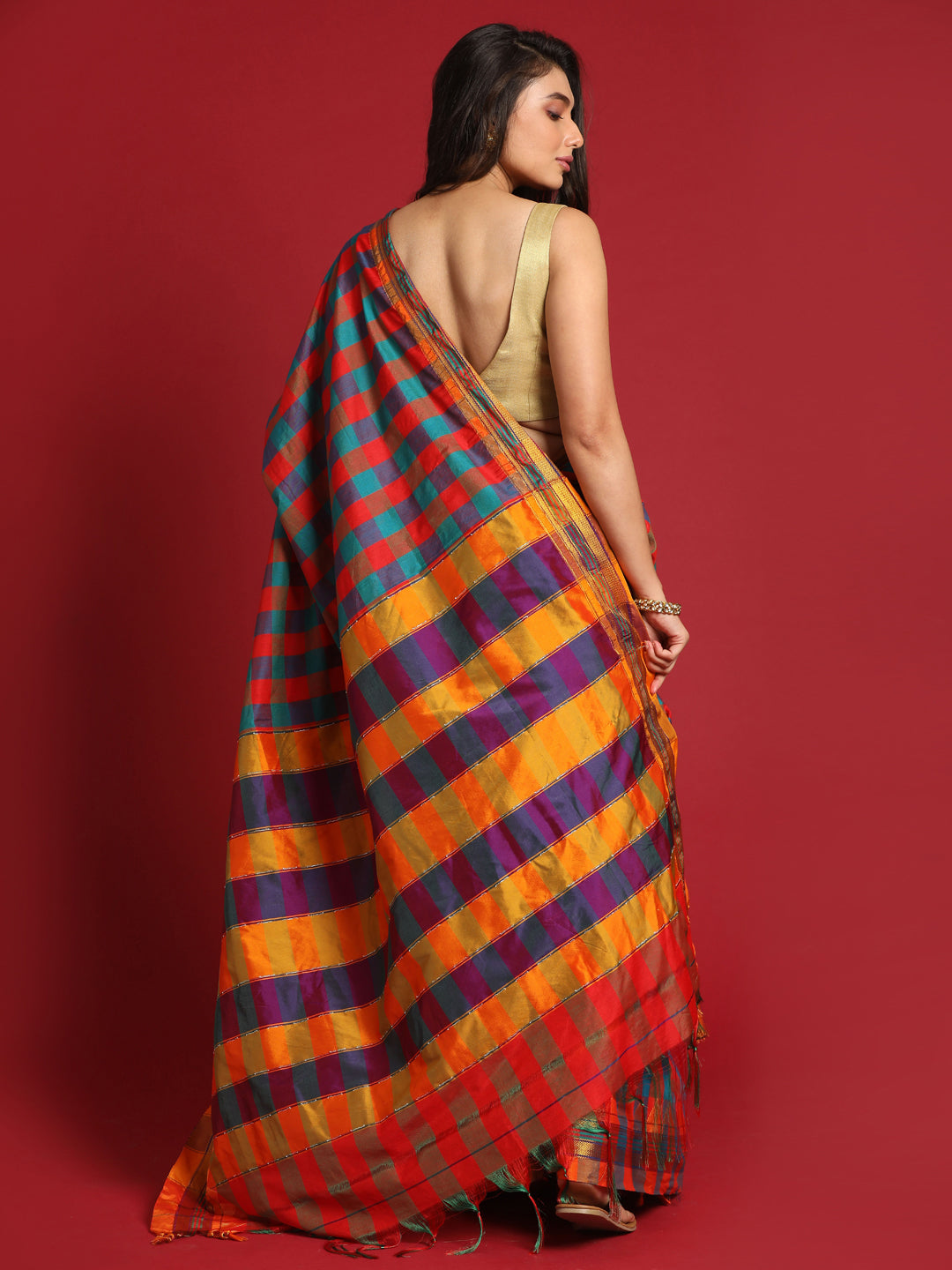 Indethnic Multi Checked Saree - View 3