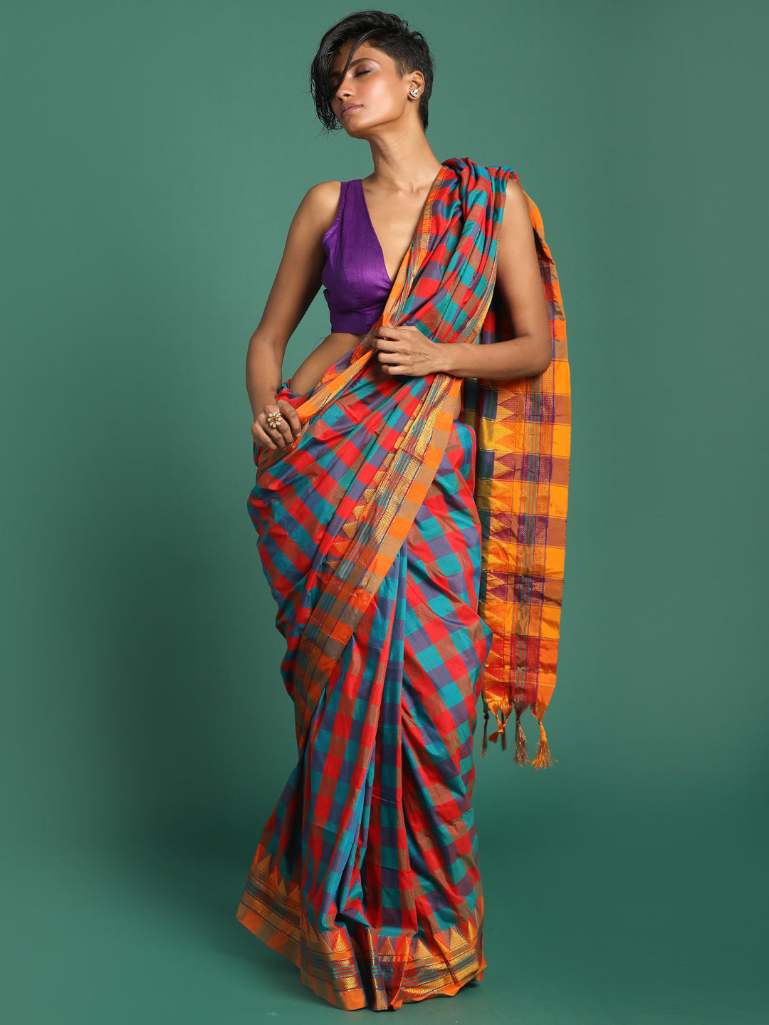 Indethnic Multi Checked Saree - View 2