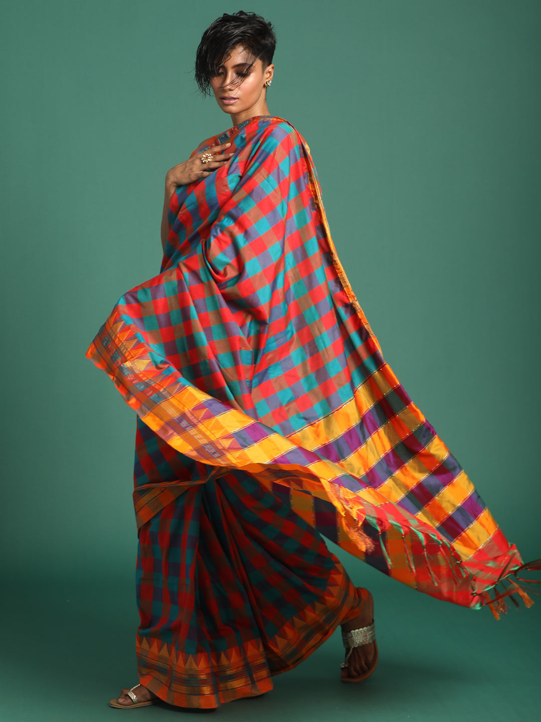 Indethnic Multi Checked Saree - View 3