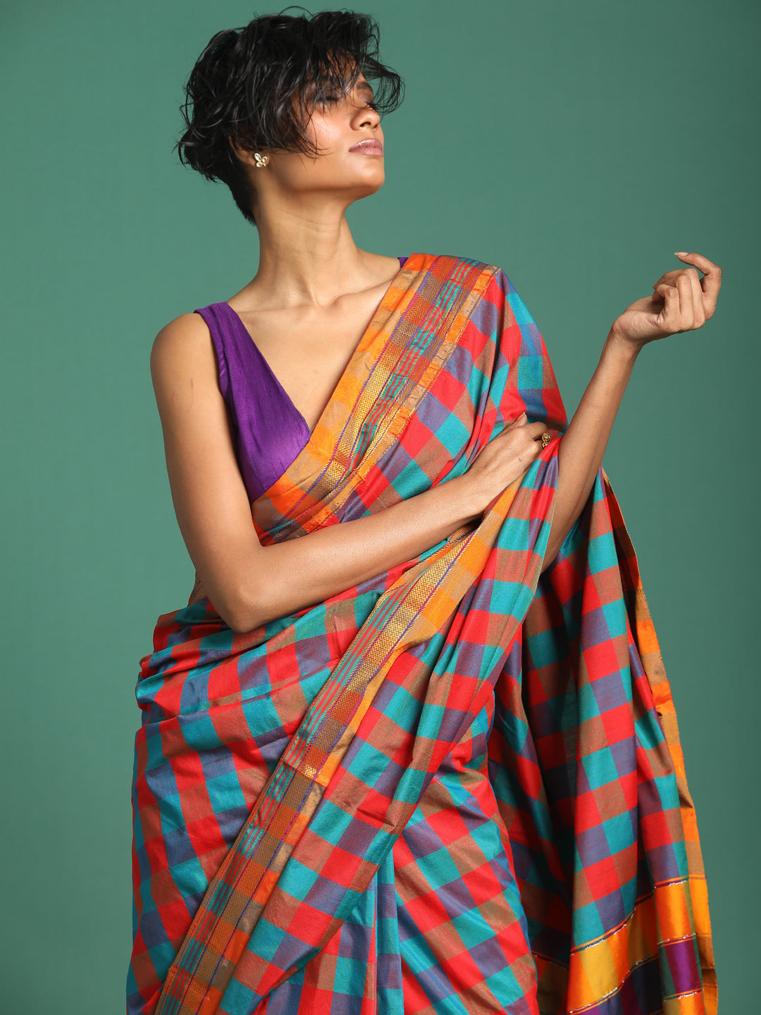 Indethnic Multi Checked Saree - View 1