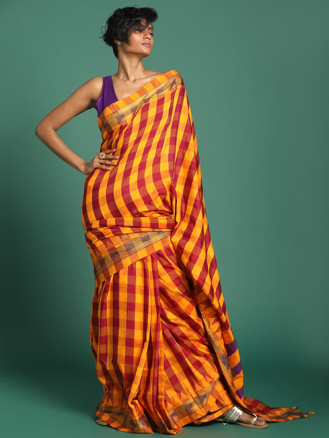 Indethnic Multi Checked Saree - View 2