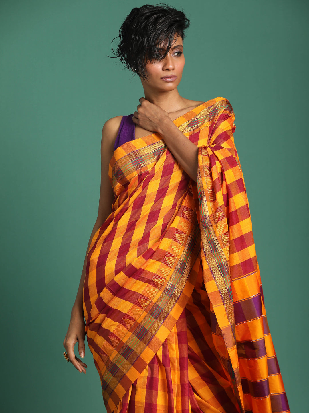 Indethnic Multi Checked Saree - View 1